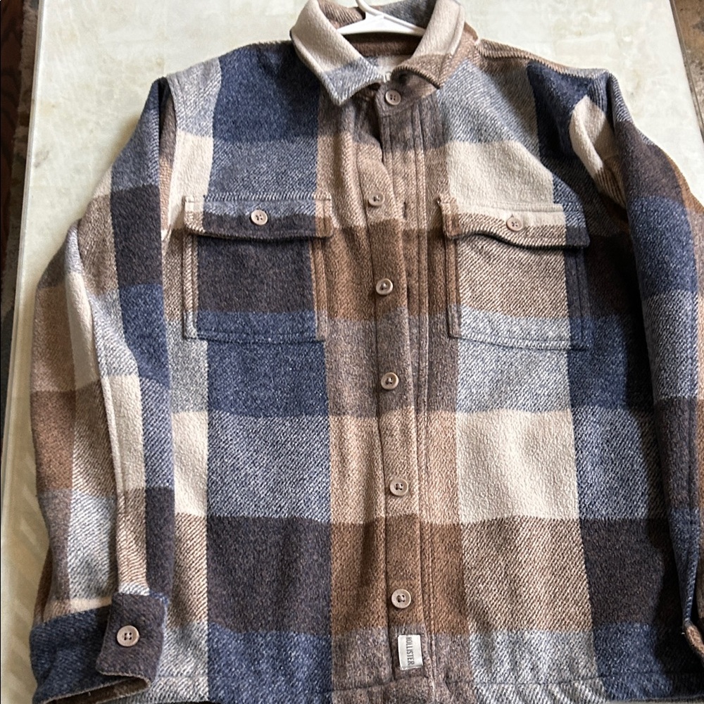 Hollister Men's Plaid Shirt Jacket - Blue, Brown, Cream